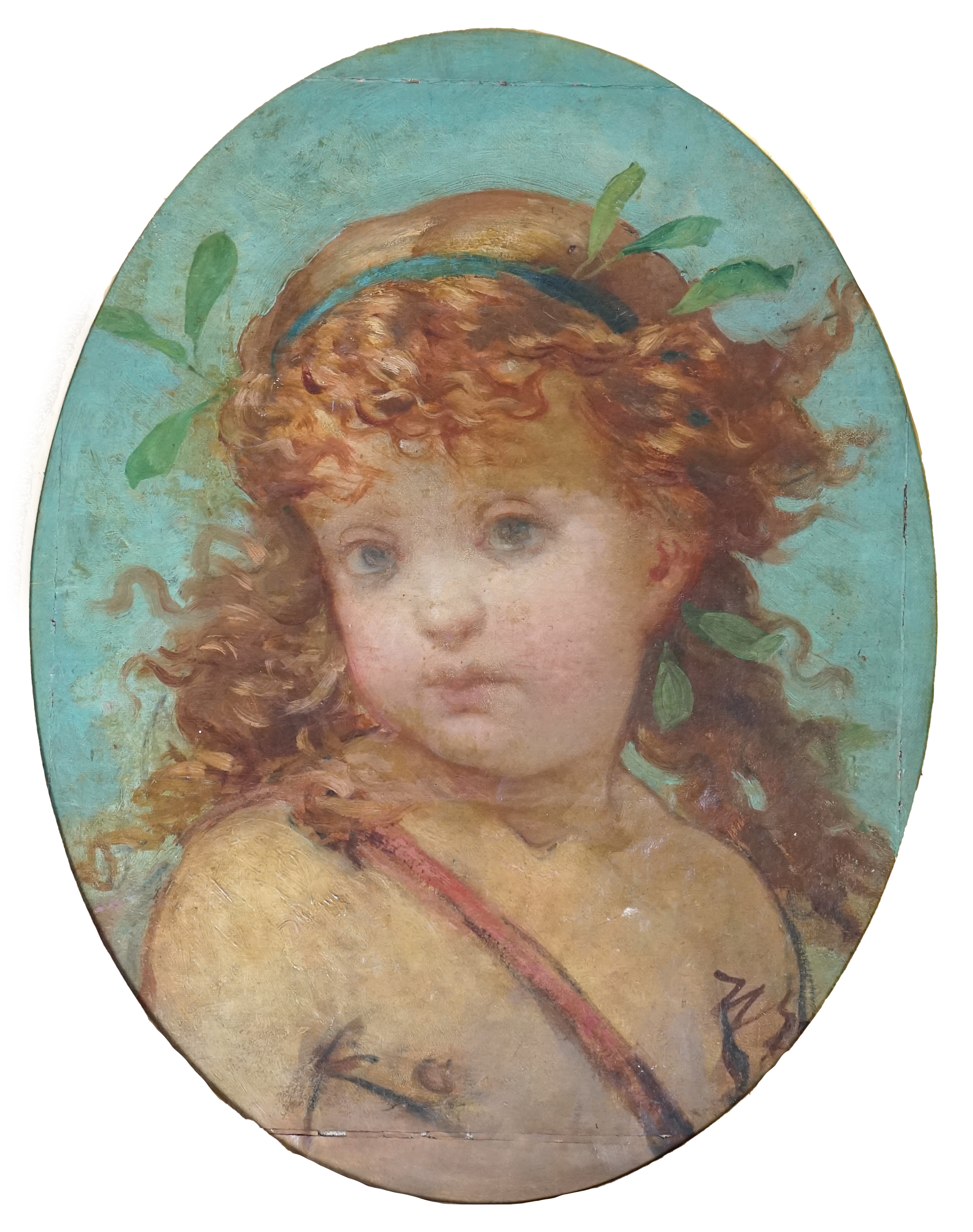 Attributed to Hippolyte-Dominique Berteaux (French, 1843-1926), Study of an amorini, oil on canvas, framed to the oval, 44 x 34cm